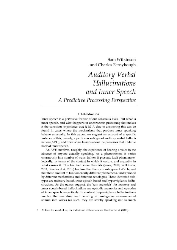 Auditory verbal hallucinations and inner speech : a predictive processing perspective Thumbnail