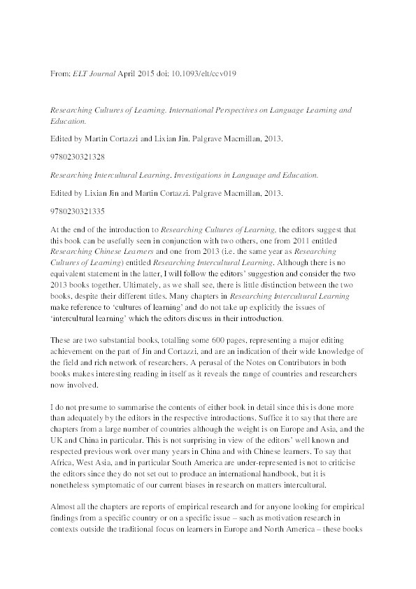 Researching Cultures of Learning: International Perspectives on Language Learning and Education Researching Intercultural Learning: Investigations in Language and Education Thumbnail