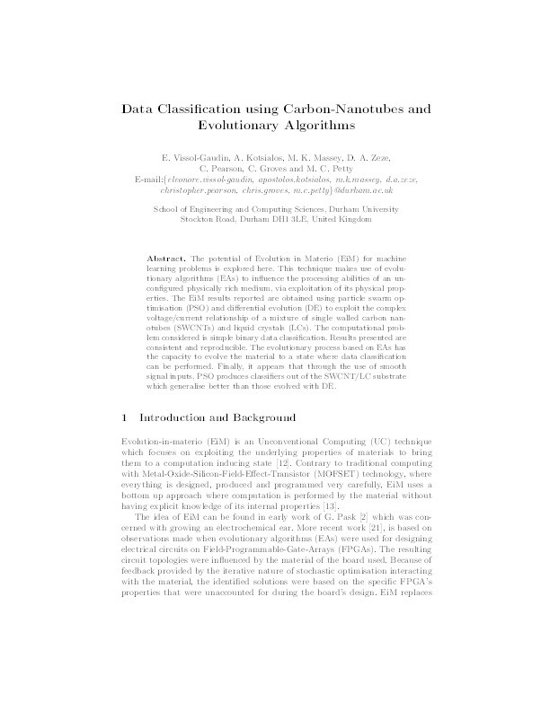 Data Classification Using Carbon-Nanotubes and Evolutionary Algorithms Thumbnail