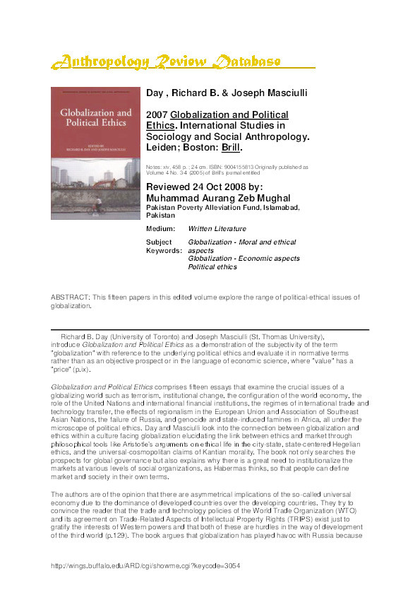 Book review of ‘Globalization and political ethics’ by Richard B. Day and Joseph Masciulli, Leiden & Boston : Brill, 2007 Thumbnail