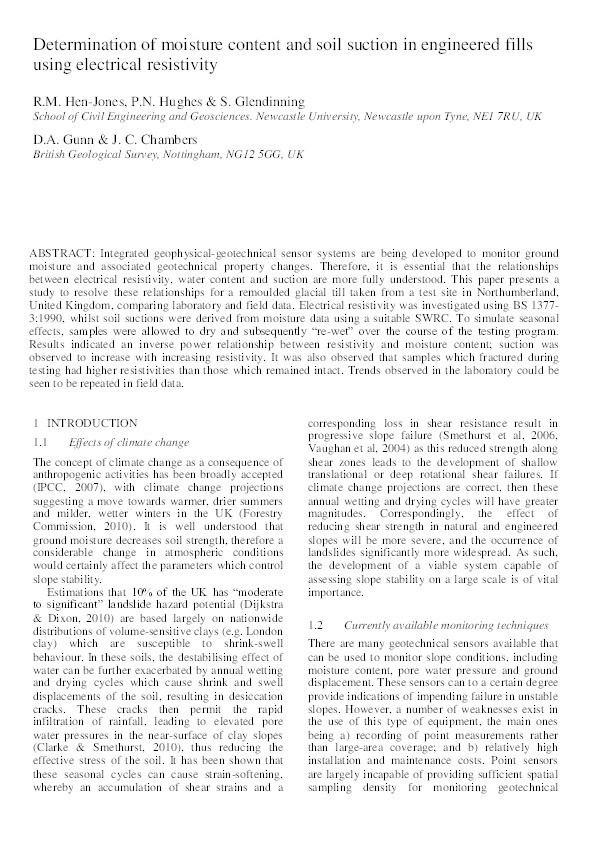 Determination of moisture content and soil suction in engineered fills using electrical resistivity Thumbnail