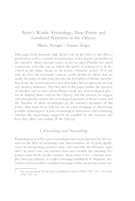 Arete's Words: Etymology, Ehoie-poetry and Gendered Narrative in the Odyssey Thumbnail