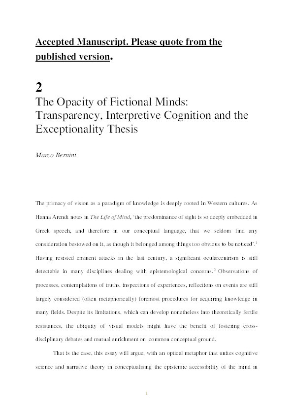 The Opacity of Fictional Minds: Transparency, Interpretive Cognition and the Exceptionality Thesis Thumbnail