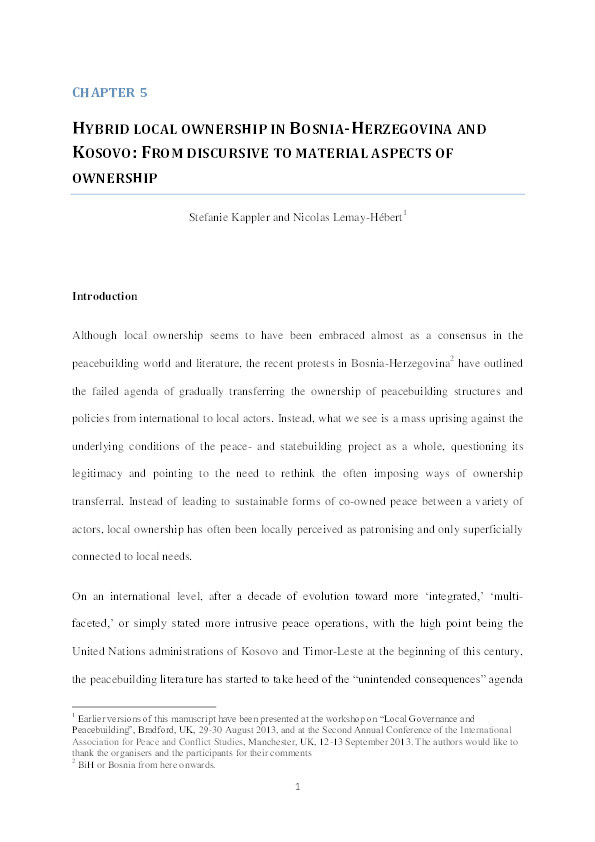 Hybrid local ownership in Bosnia-Herzegovina and Kosovo: From discursive to material aspects of ownership Thumbnail