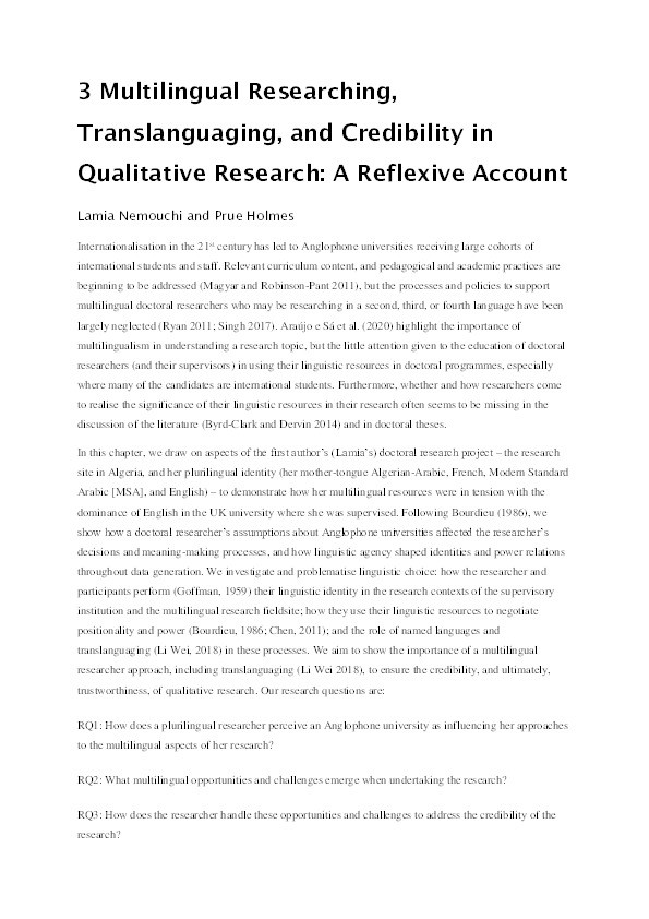 Multilingual Researching, Translanguaging, and Credibility in Qualitative Research: A Reflexive Account Thumbnail