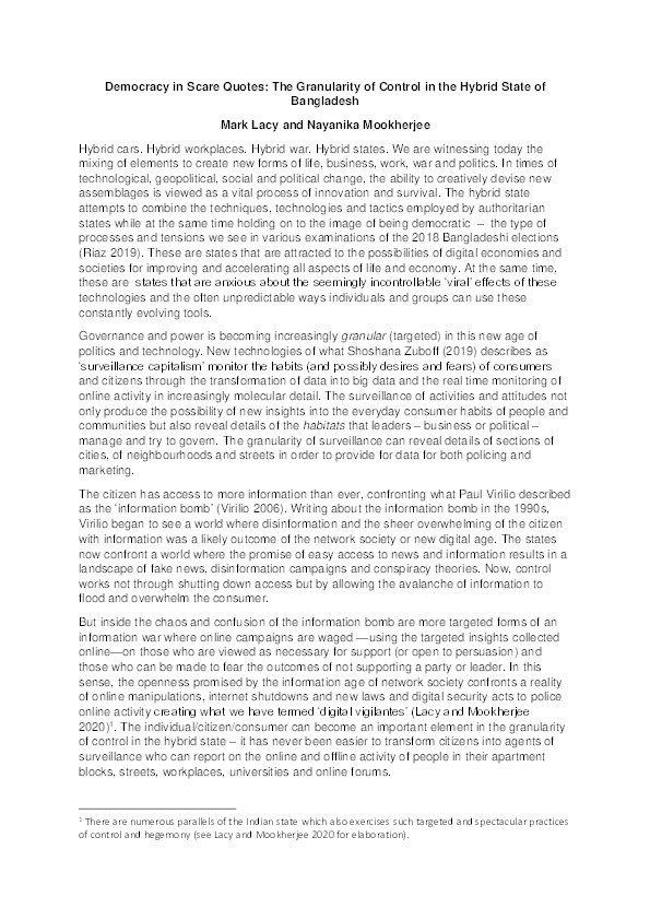 Democracy in Scare Quotes: The Granularity of Control in the Hybrid State of Bangladesh Thumbnail