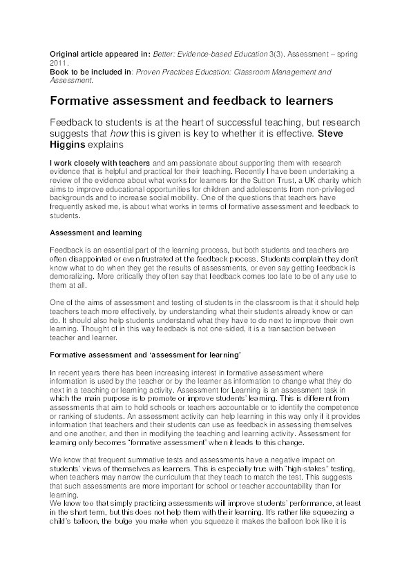 Formative assessment and feedback to learners Thumbnail