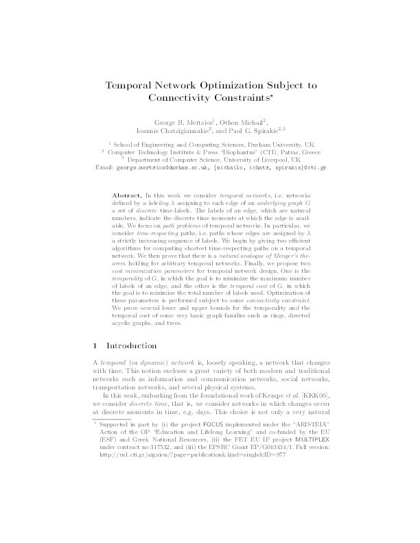 Temporal Network Optimization Subject to Connectivity Constraints Thumbnail