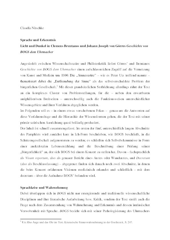 Sprache und Erkenntnis: Licht und Dunkel in Clemens Brentanos und Johann Joseph von Görres 'Geschichte von BOGS dem Uhrmacher' Thumbnail