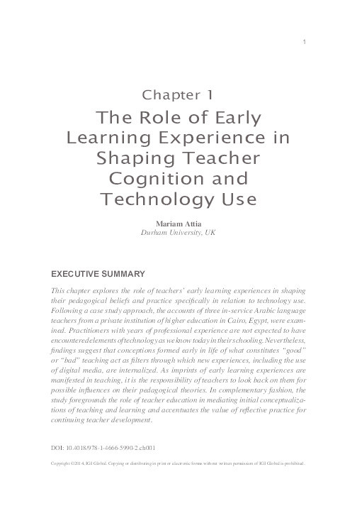 The role of early learning experience in shaping teacher cognition and technology use Thumbnail