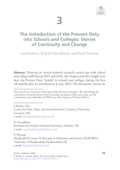 The Introduction of the Prevent Duty into Schools and Colleges: Stories of Continuity and Change Thumbnail