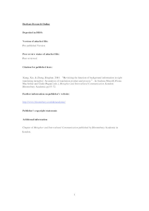 Revisiting the Function of Background Information in Sight Translating Metaphor: An Analysis of Translation Product and Process Thumbnail