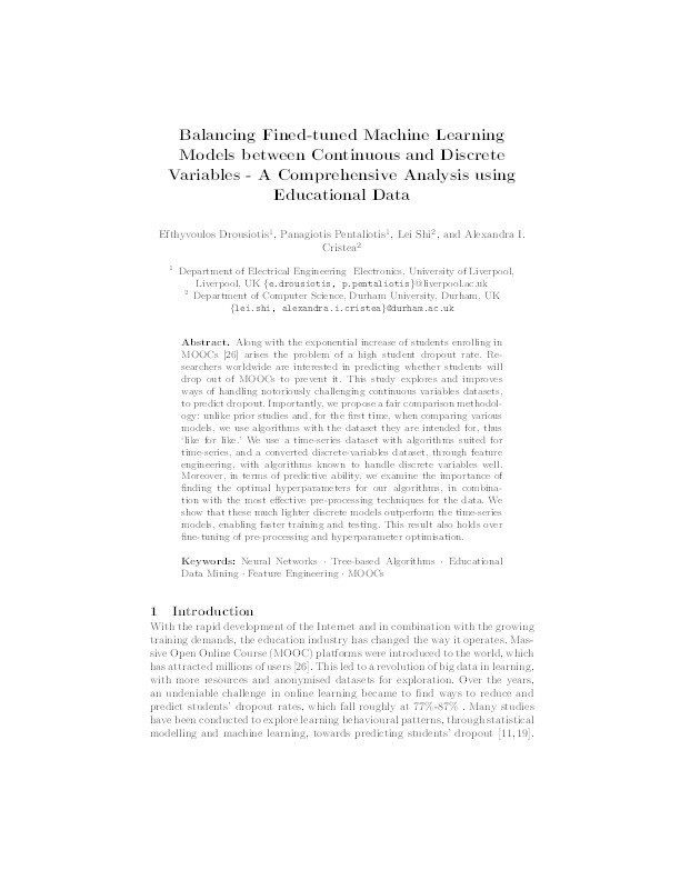 Balancing Fined-Tuned Machine Learning Models Between Continuous and Discrete Variables - A Comprehensive Analysis Using Educational Data Thumbnail