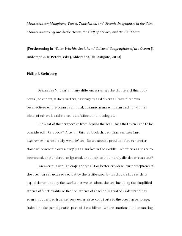 Mediterranean Metaphors: Travel, Translation and Oceanic Imaginaries in the 'New Mediterraneans' of the Arctic Ocean, the Gulf of Mexico and the Caribbean. Thumbnail