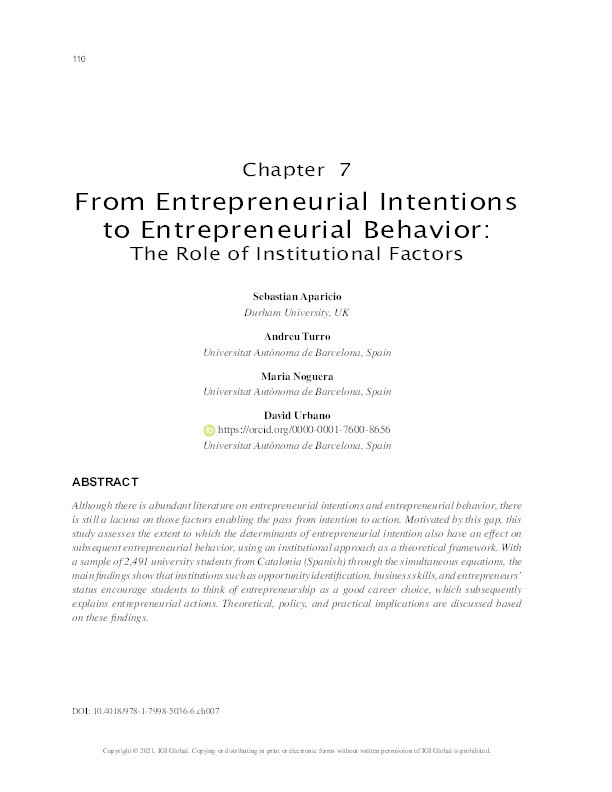 From entrepreneurial intentions to entrepreneurial behavior: The role of institutional factors Thumbnail