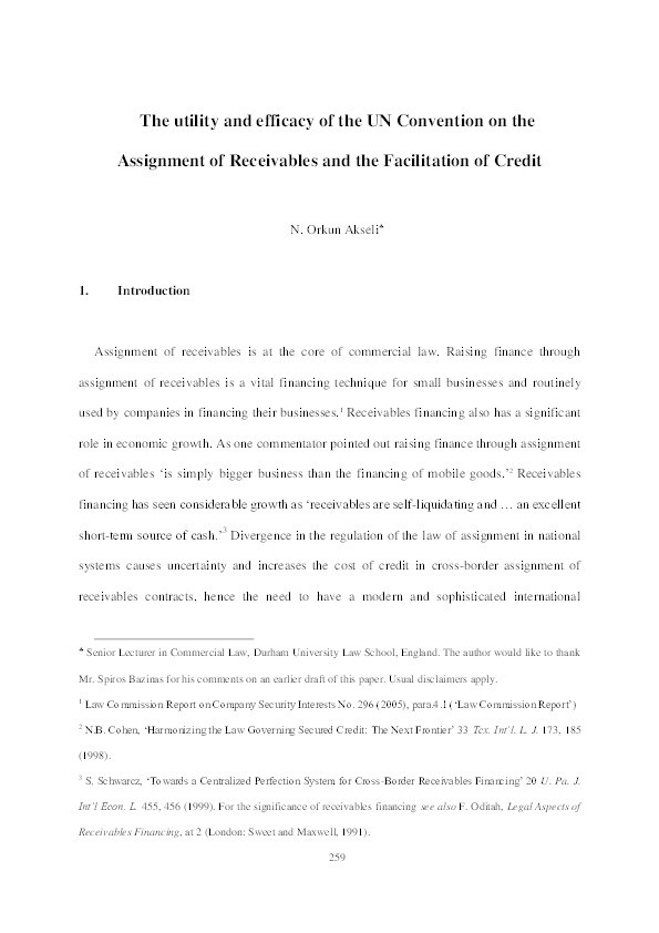 The Utility and Efficacy of the UN Convention on the Assignment of Receivables and the Facilitation of Credit Thumbnail