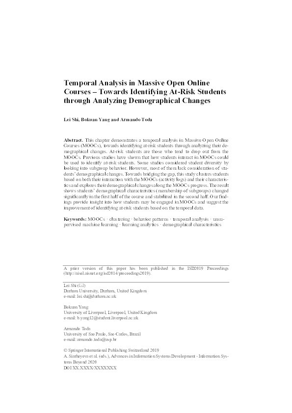 Temporal Analysis in Massive Open Online Courses – Towards Identifying at-Risk Students Through Analyzing Demographical Changes Thumbnail