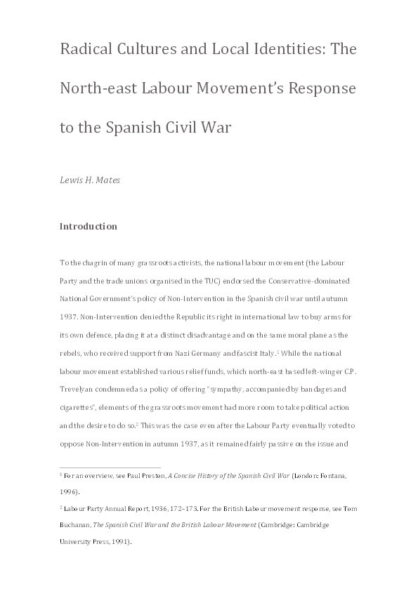 Radical Cultures and Local Identities: the North-east Labour Movement’s Response to the Spanish Civil War Thumbnail