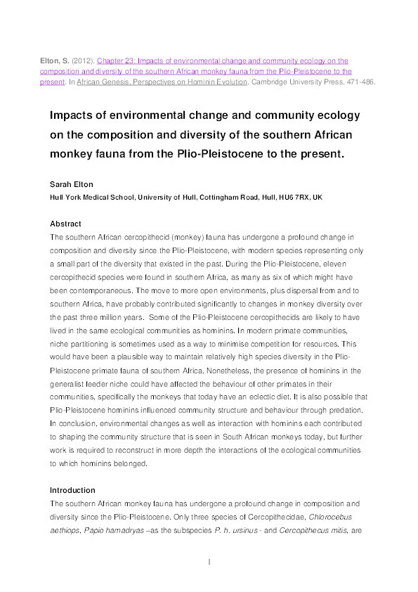 Impacts of environmental change and community ecology on the composition and diversity of the southern African monkey fauna from the Plio-Pleistocene to the present Thumbnail