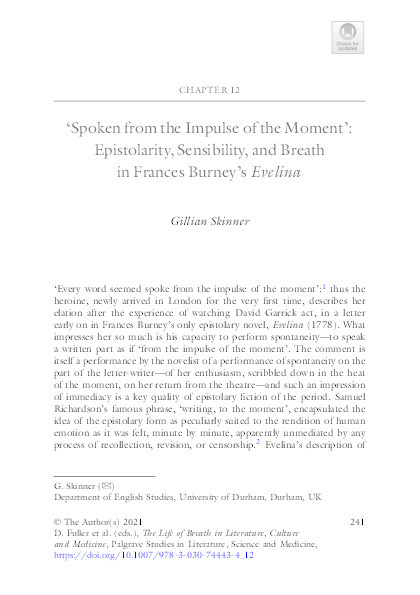 Spoken from the impulse of the moment: Epistolarity, Sensibility and Breath in Frances Burney's Evelina Thumbnail