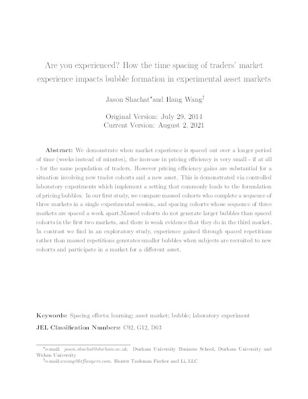 Are you experienced? How the time spacing of traders' market experience impacts bubble formation in experimental asset markets Thumbnail