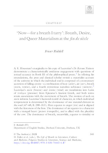 ‘Now—For a Breath I Tarry’: Breath, Desire and Queer Materialism at the Fin de Siècle Thumbnail