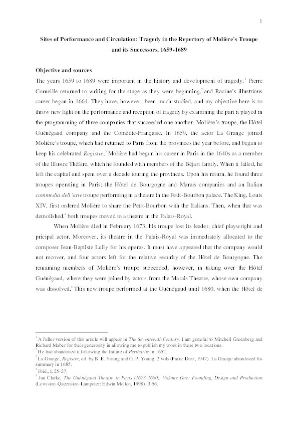 Sites of Performance and Circulation: Tragedy in the Repertory of Molière’s Troupe and its Successors, 1659-1689 Thumbnail