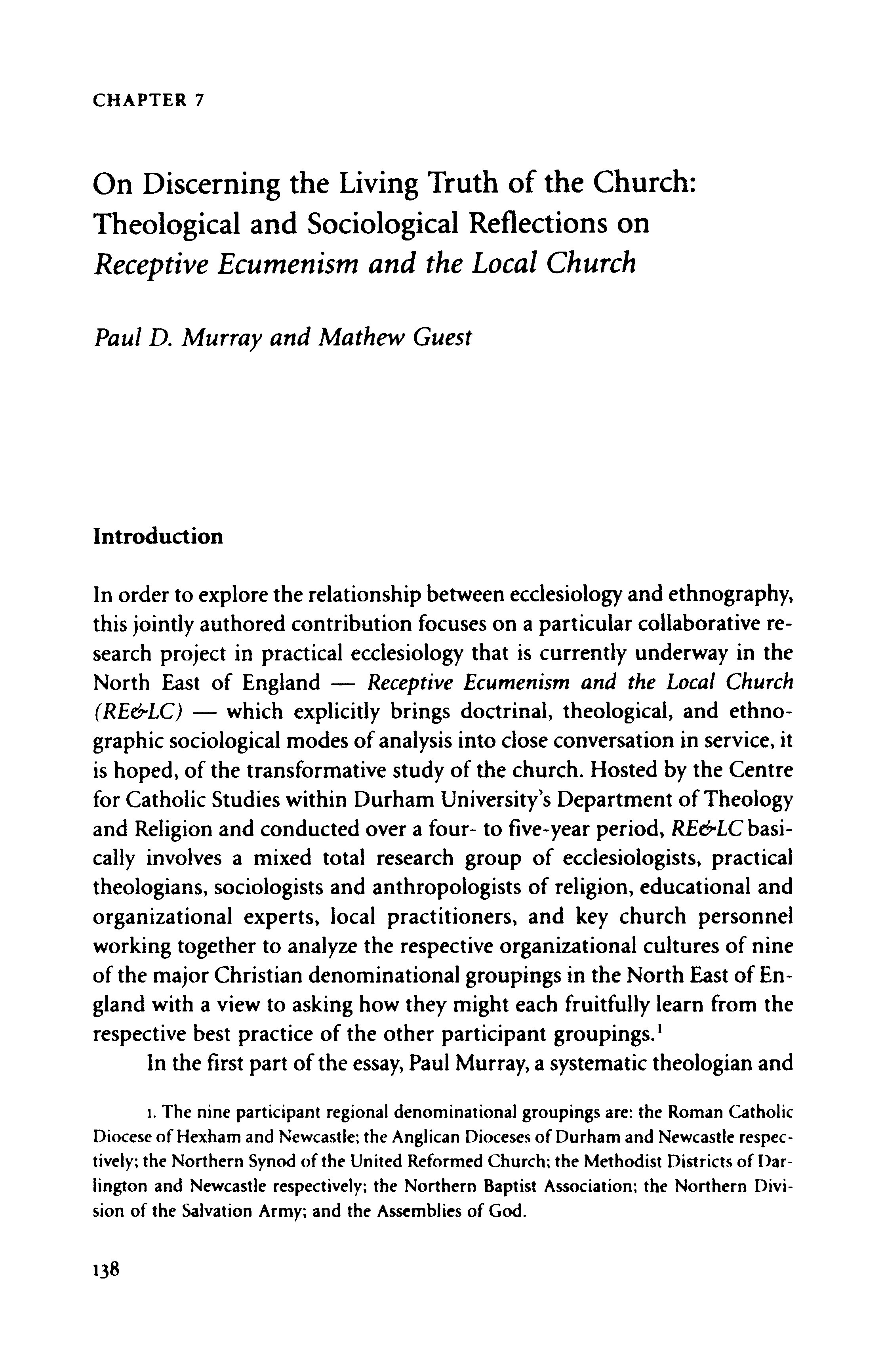 On Discerning the Living Truth of the Church: Theological and Sociological Reflections on Receptive Ecumenism and the Local Church Thumbnail
