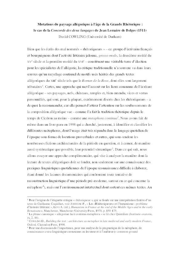 Mutations du paysage allégorique à l'âge de la Grande Rhétorique: le cas de la Concorde des deux langages de Jean Lemaire de Belges (1511) Thumbnail