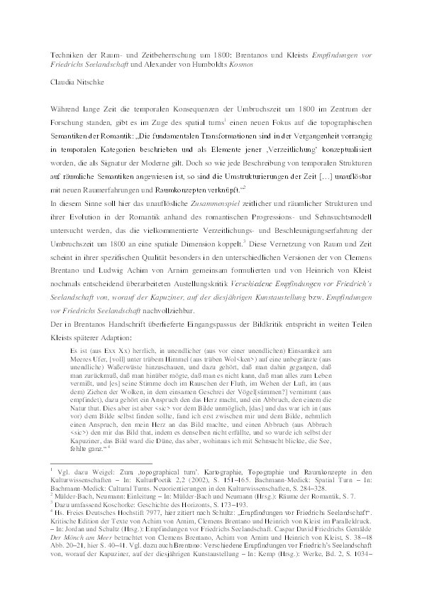 Techniken der Raum- und Zeitbeherrschung um 1800: Brentanos und Kleists 'Empfindungen vor Friedrichs Seelandschaft' und Alexander von Humboldts 'Kosmos' Thumbnail