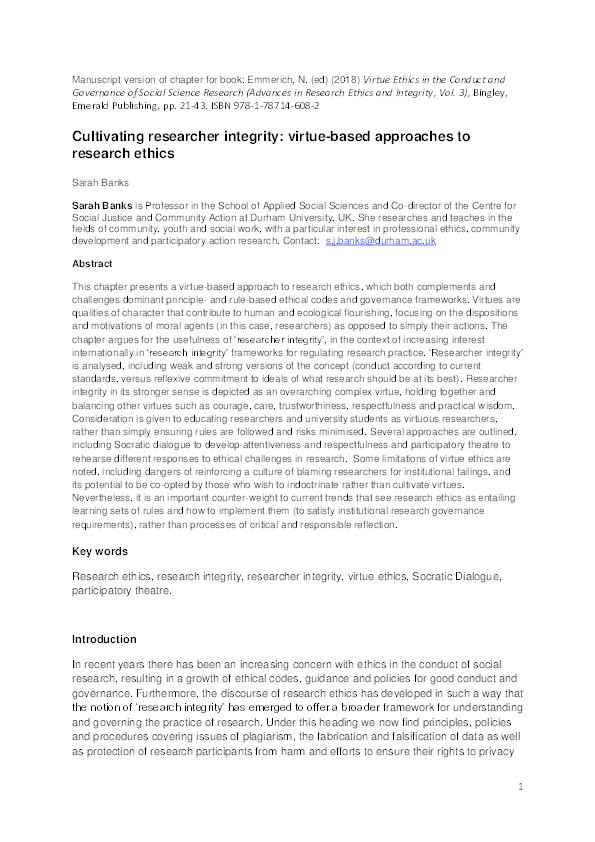 Cultivating researcher integrity: virtue-based approaches to research ethics Thumbnail