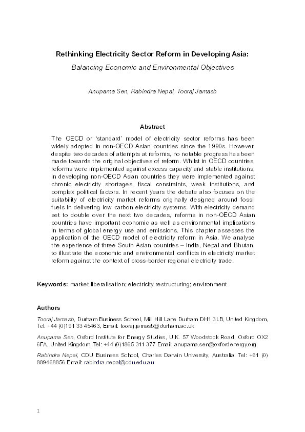 Rethinking electricity sector reform in South Asia: balancing economic and environmental objectives Thumbnail