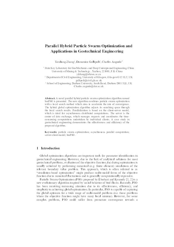 Parallel Hybrid Particle Swarm Optimization and Applications in Geotechnical Engineering Thumbnail
