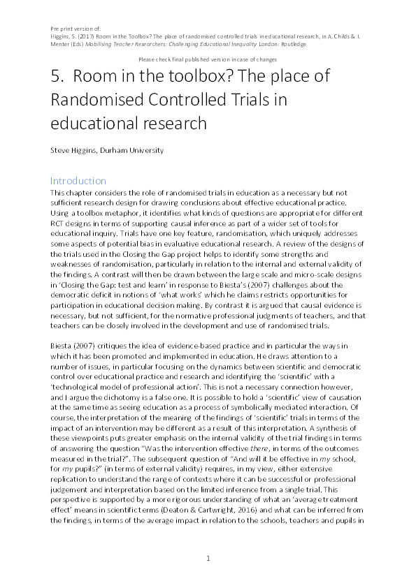 Room in the Toolbox? The place of randomised controlled trials in educational research Thumbnail