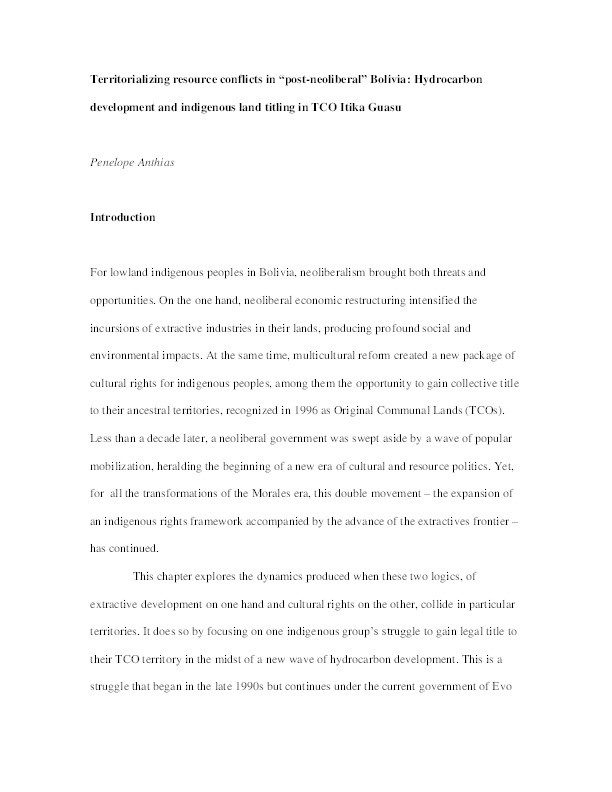 Territorializing Resource Conflicts in “Post-Neoliberal” Bolivia: Hydrocarbon Development and Indigenous Land Titling in TCO Itika Guasu Thumbnail