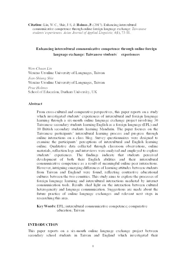 Enhancing intercultural communicative competence through online foreign language exchange: Taiwanese students’ experiences Thumbnail