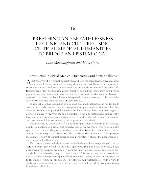 ‘Breathing and breathlessness in clinic and culture: using critical medical humanities to bridge an epistemic gap’ Thumbnail