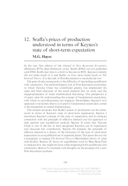 Sraffa’s prices of production understood in terms of Keynes’s state of short-term expectation Thumbnail