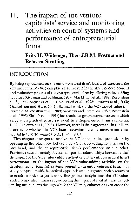 The impact of the venture capitalists' service and monitoring activities on control systems and performance of entrepreneurial firms Thumbnail