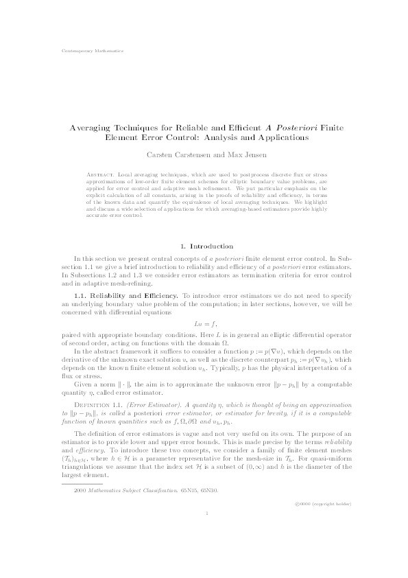 Averaging Techniques for Reliable and Efficient A Posteriori Finite Element Error Control: Analysis and Applications Thumbnail