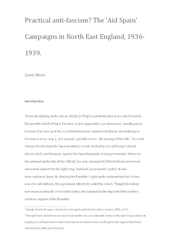 Practical anti-fascism? The Spanish Aid Campaigns in North-East England, 1936-1939 Thumbnail