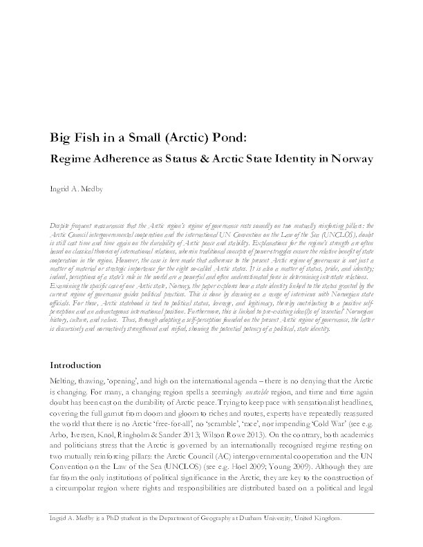 Big Fish in a Small (Arctic) Pond: Regime Adherence as Status and Arctic State Identity in Norway Thumbnail