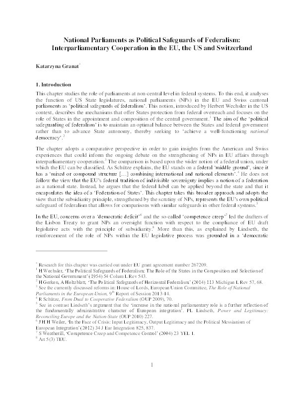 National Parliaments as Political Safeguards of Federalism: Interparliamentary Cooperation in the EU, the US, and Switzerland Thumbnail