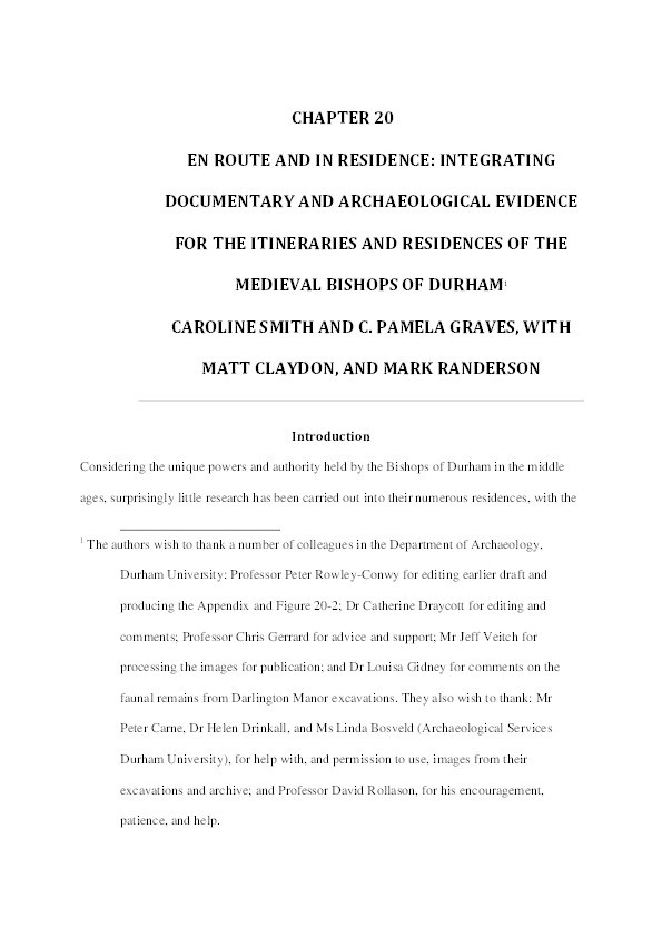 En route and in residence: Integrating documentary and archaeological evidence for the itineraries and residences of the Medieval Bishops of Durham Thumbnail