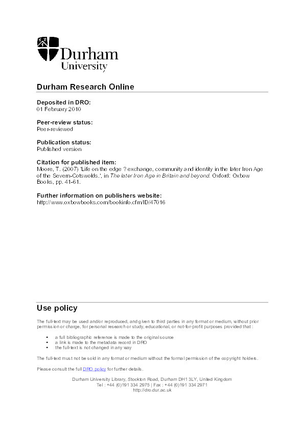 Life on the edge? Exchange, community and identity in the later Iron Age of the Severn-Cotswolds Thumbnail