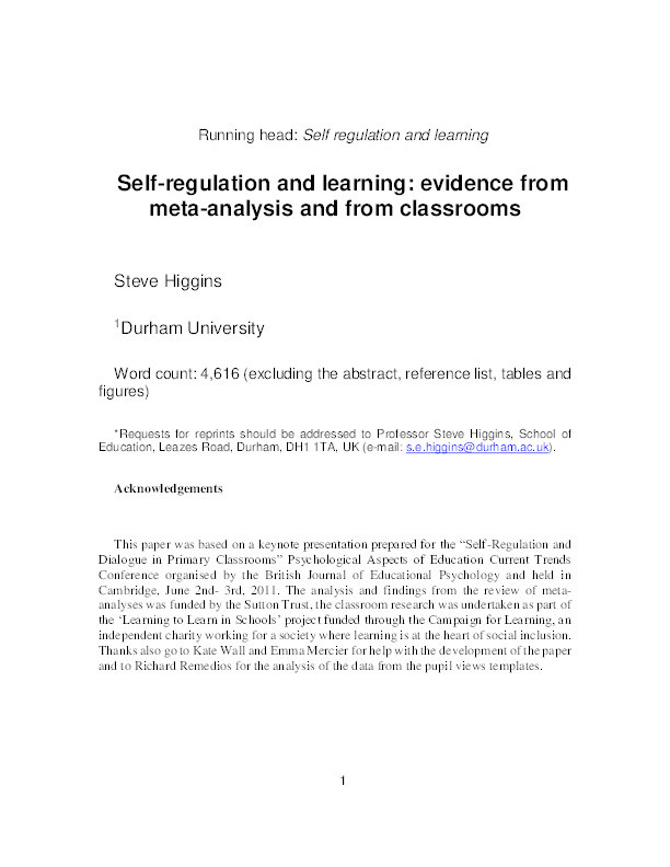 Self regulation and learning: evidence from meta-analysis and from classrooms Thumbnail