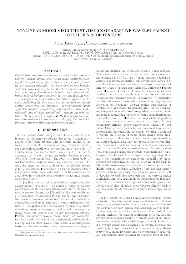Nonlinear models for the statistics of adaptive wavelet packet coefficients of texture Thumbnail