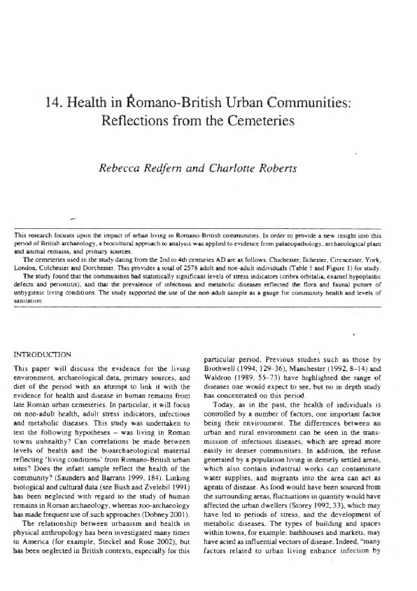 Health in Romano-British urban communities: reflections from the cemeteries Thumbnail