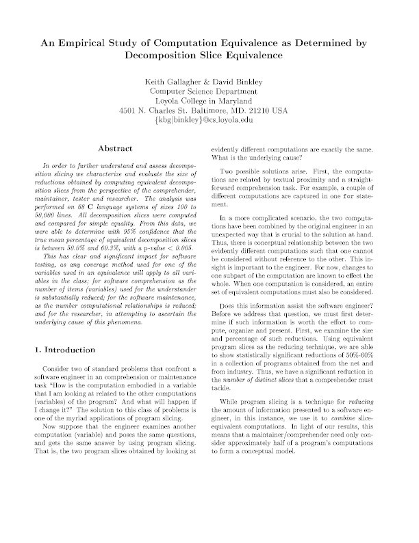 An empirical study of computation equivalence as determined by decomposition slice equivalence Thumbnail
