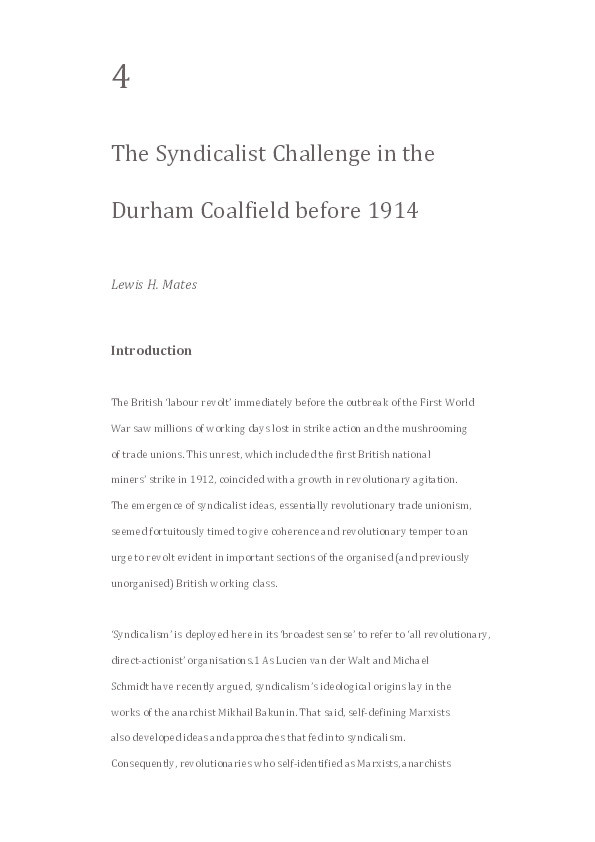 The Syndicalist Challenge in the Durham coalfield before 1914 Thumbnail